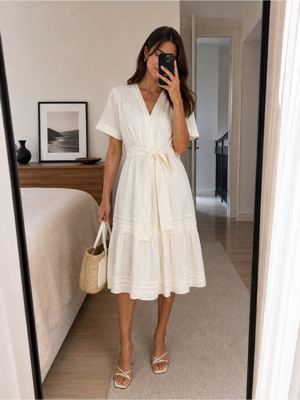 Kobi Halperin Miranda Pintuck Tiered Linen Silk Midi Dress Ivory Belted Size S